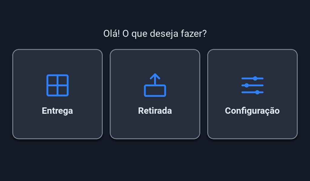 Tela inicial com os botões Entrega, Retirada e Configuração