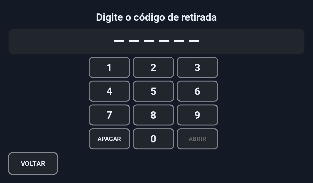 Tela de retirada com visor de seis dígitos e teclado numérico