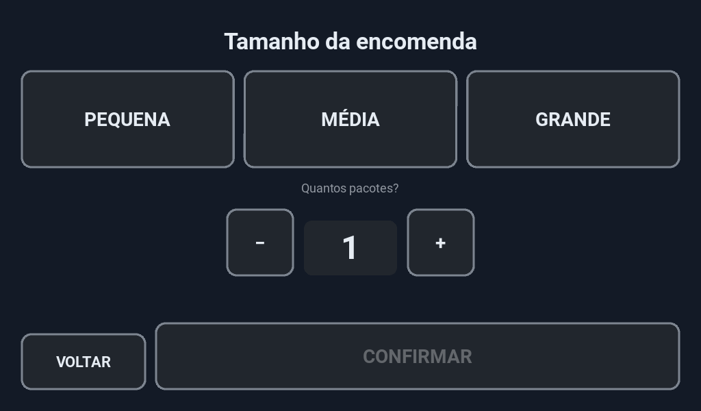 Escolha entre pequena, média e grande, e a quantidade de pacotes